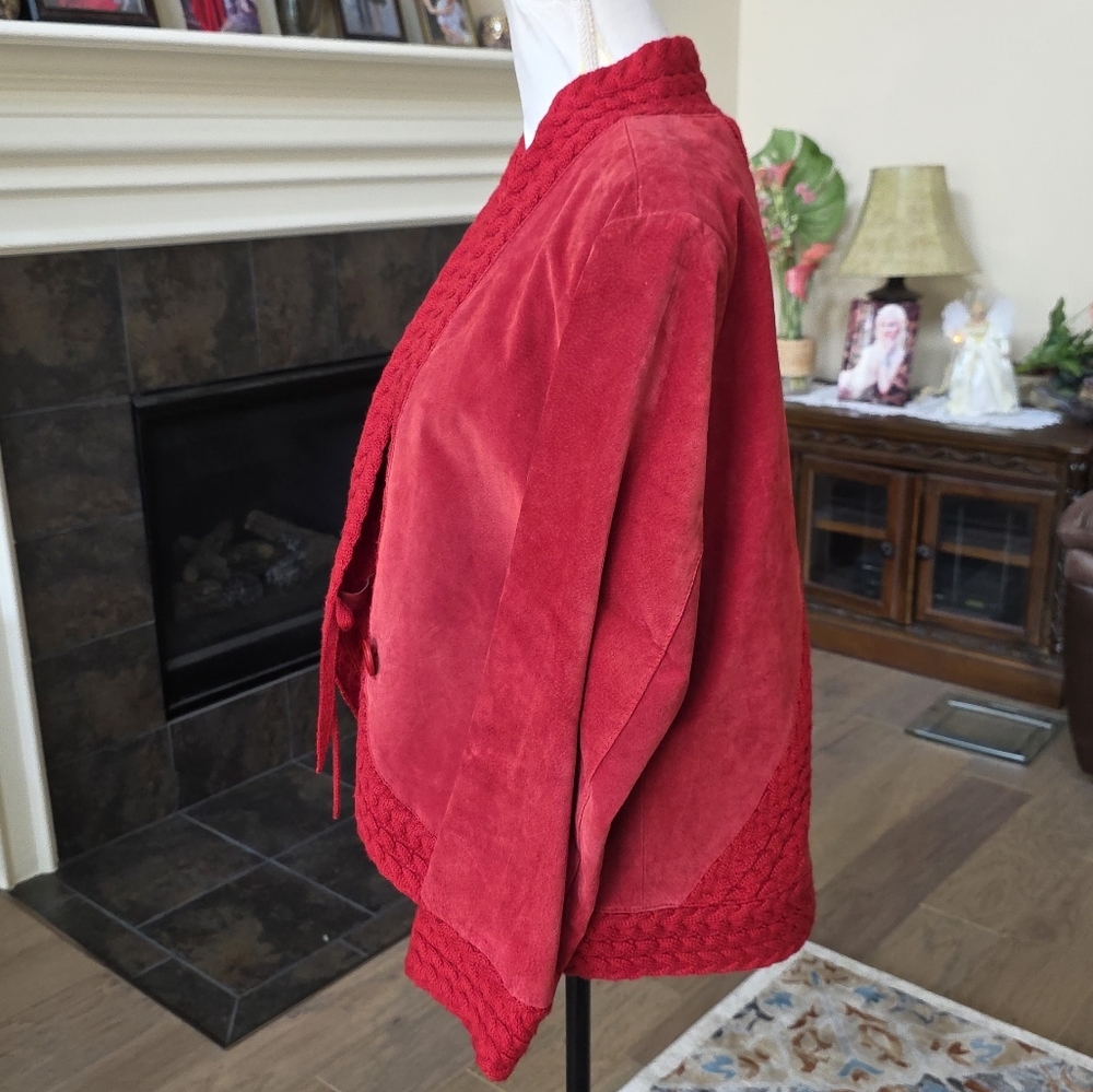 Coldwater Creek Red Suede Leather Cable Knit Jacket Size Large L - Picture 8 of 16